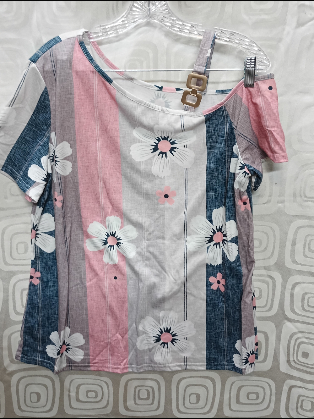 Off-Shoulder Floral Stripe Top in Pink, Blue & White